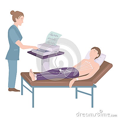 ECG device. Nurse doing medical examination. Vector Illustration